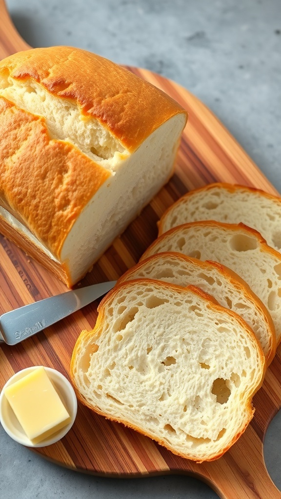 Freshly baked white bread loaf on a cutting board with slices and butter.